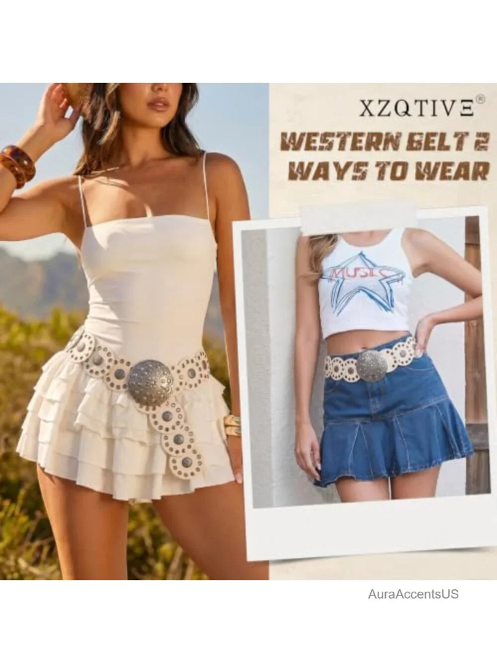 Faux Leather Western Belt with Concho Discs Adjustable Wide Belt for Dresses